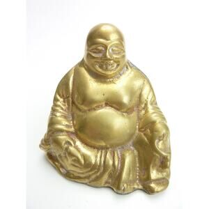 Vintage Small Brass Sitting Smiling Buddha Figurine Paperweight Decor